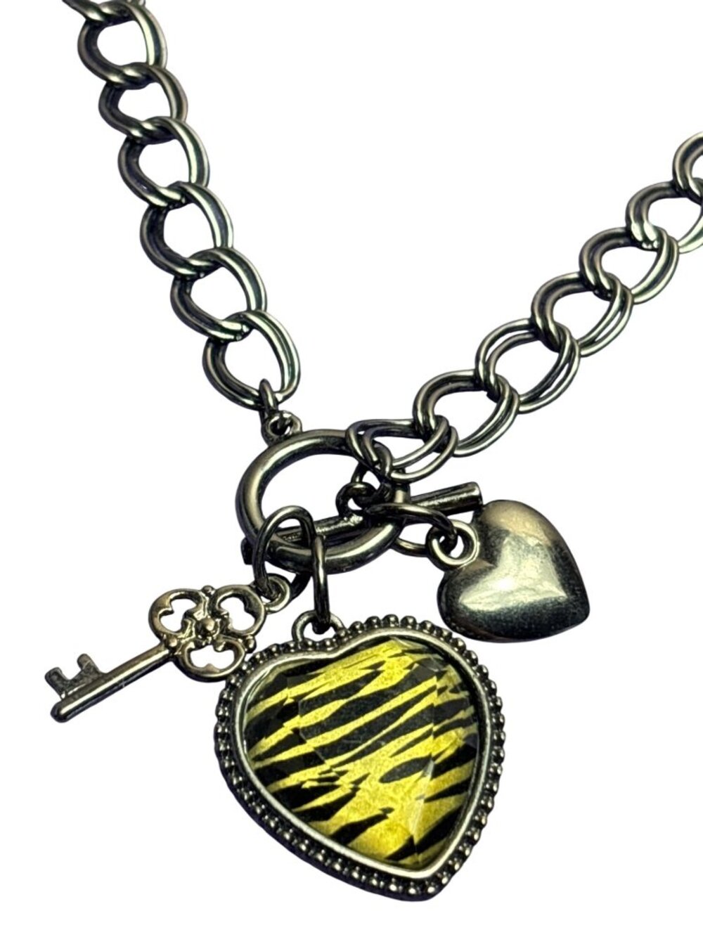 Charm Pendant Front Toggle Double Chain Necklace Animal Print Rhinestone Heart